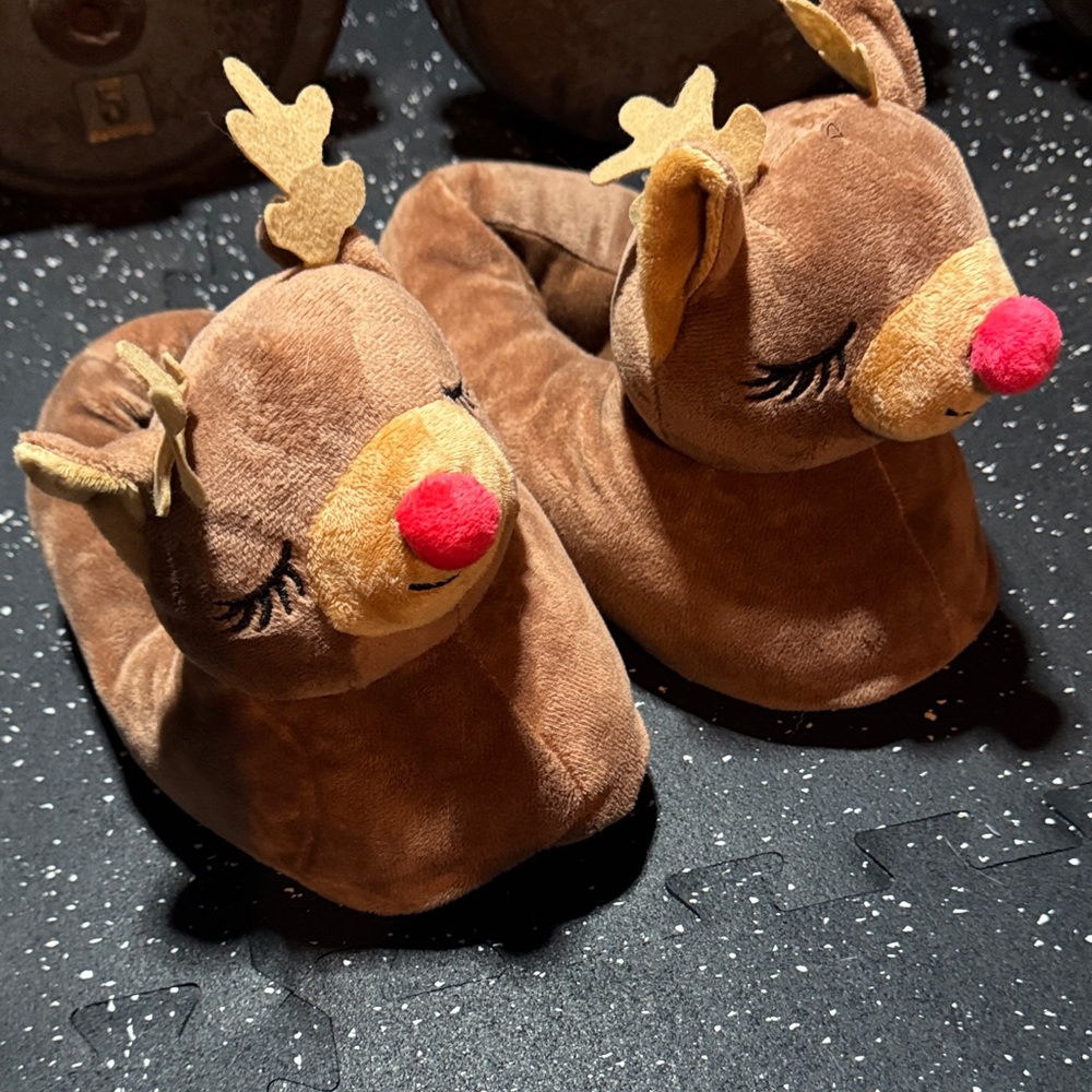 Brown Reindeer Slippers with Red Nose